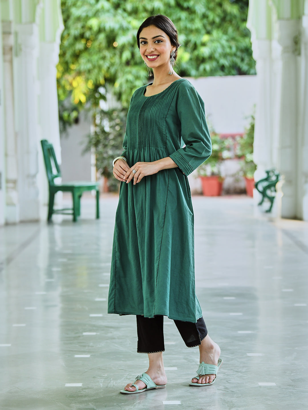 Teal Green Cotton Pintuck Designer Dress