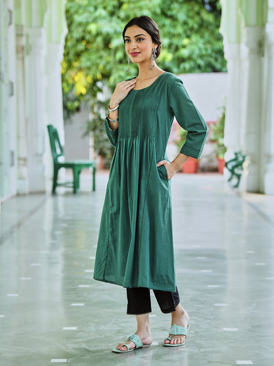 Teal Green Cotton Pintuck Designer Dress