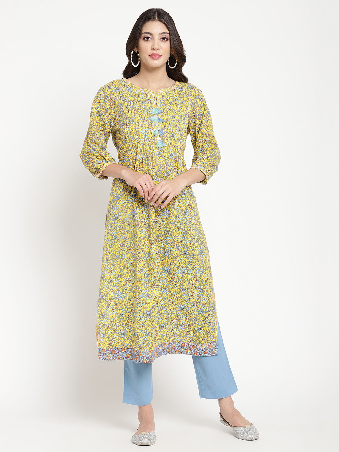 Woman posing in Yellow Block Printed Pintuck Stylish Straight Kurta