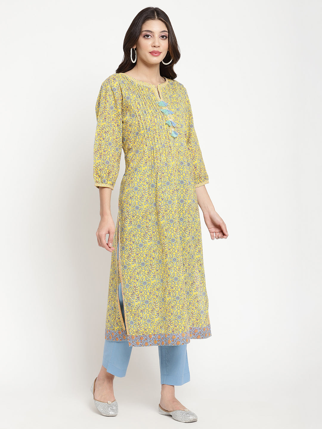 Woman posing in Yellow Block Printed Pintuck Stylish Straight Kurta