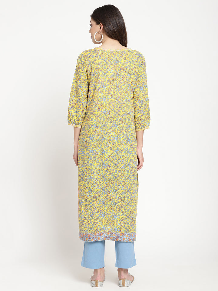 Woman posing in Yellow Block Printed Pintuck Stylish Straight Kurta