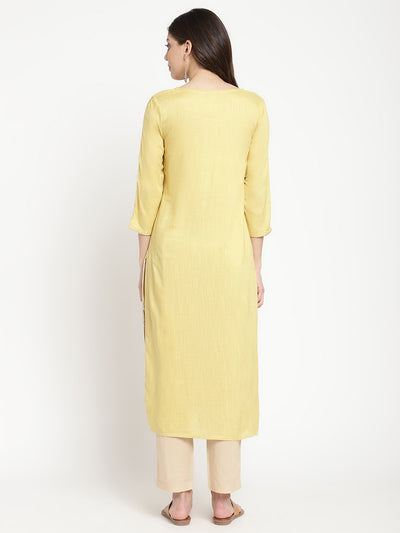 Woman wearing a yellow rayon, straight-fit Kurta.